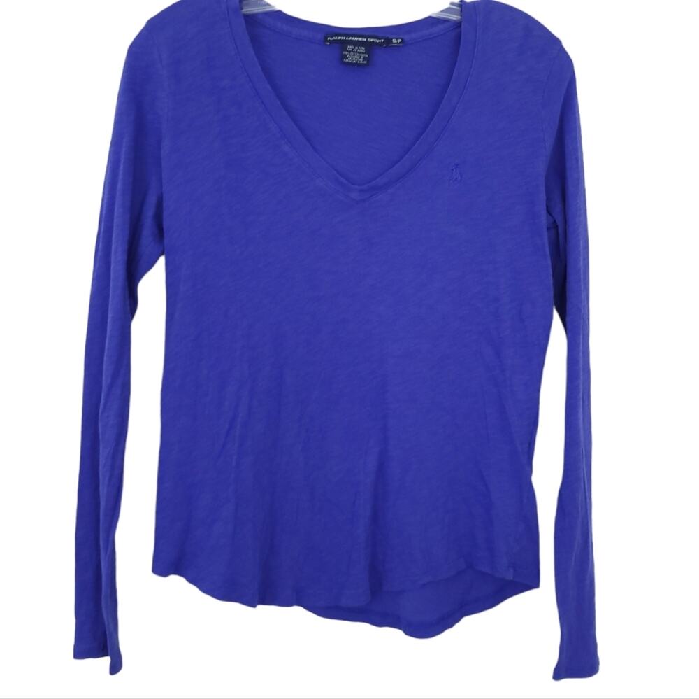 Ralph Lauren Sport Long Sleeve Vneck Tee Small Blue 100% Cotton Shirt Casual Top